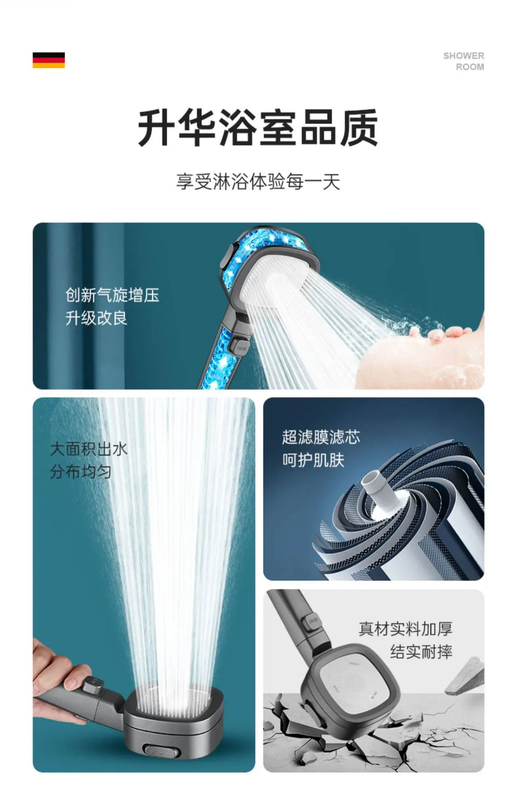 High Pressure Shower Head Water Saving 3 Modes Shower Heads Adjustable One-Key Stop Water Massage Sprayer Bathroom Accessories Oasis Select