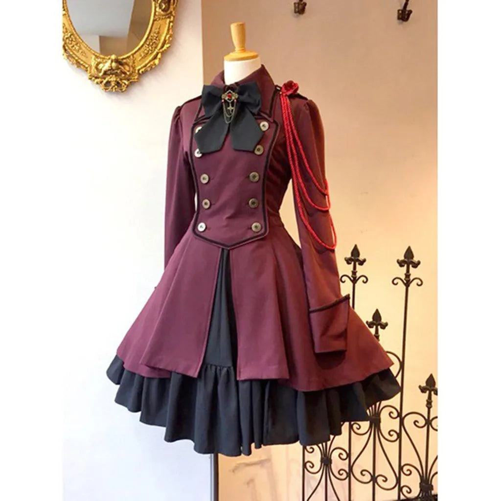Medieval Gothic Lolita Dress – Vintage Ruffle Lace-Up Cosplay Gown Gothic Cosplay Dress Oasis Select Wine L