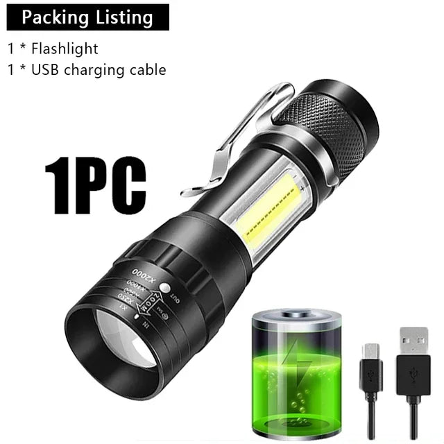 Mini Portable Flashlight COB+XPE Zoomable Small Torch USB Rechargeable Outdoor Camping Fishing Long Range Emergency Lantern Oasis Select 1pc