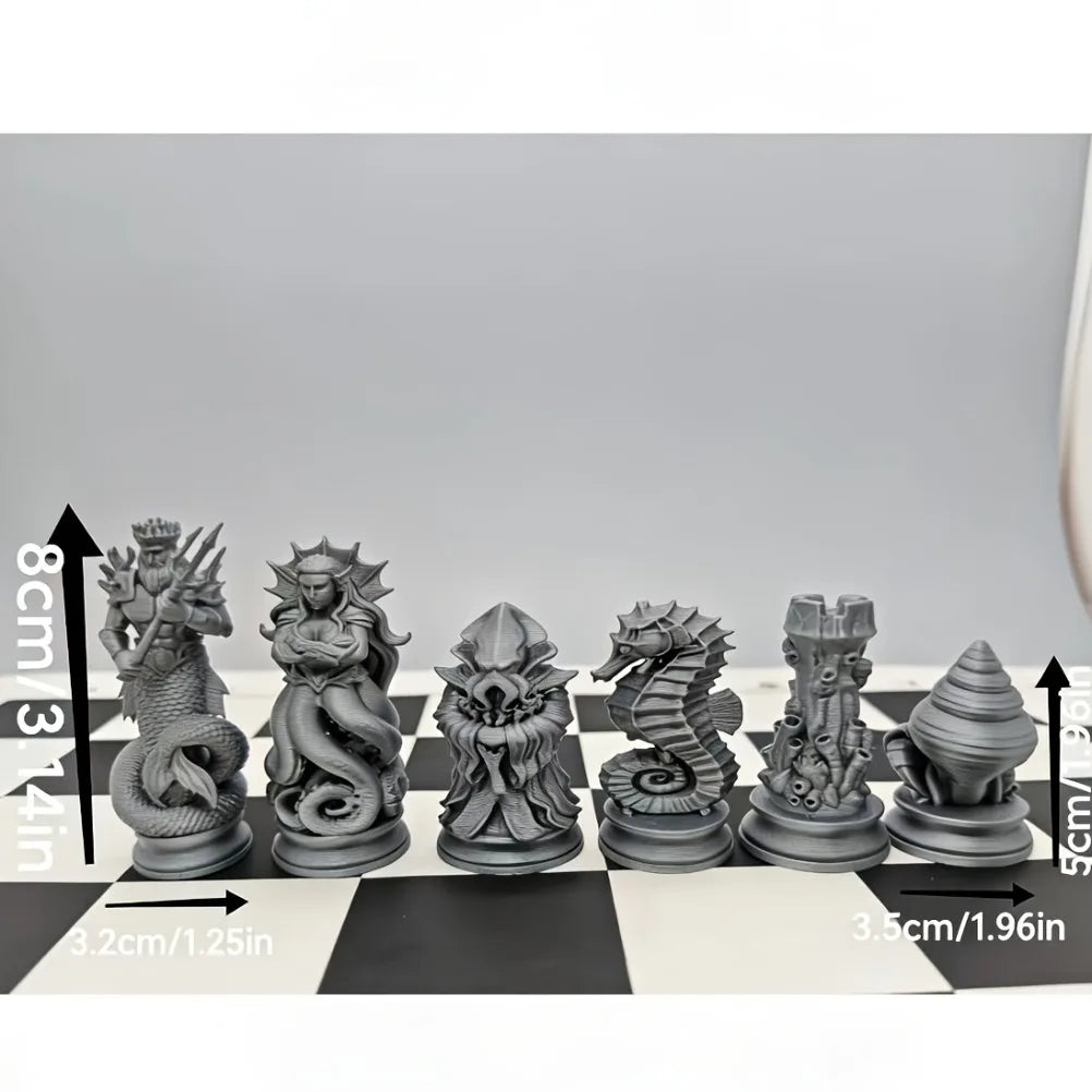 16PCS Ocean Myth Chess Figurines 3D Printed Deep Sea Theme Chess Set Coral Sculpture Tabletop Game Decor Desk Art Ornament Oasis Select