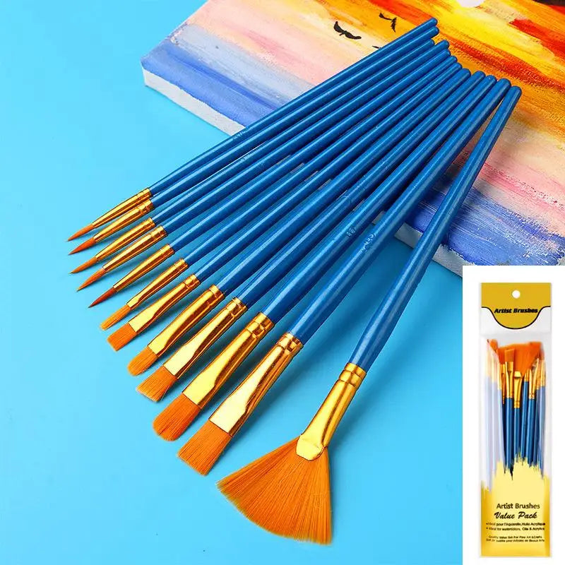 12-Piece Flat Nylon Paint Brush Set – Watercolor, Oil & Acrylic