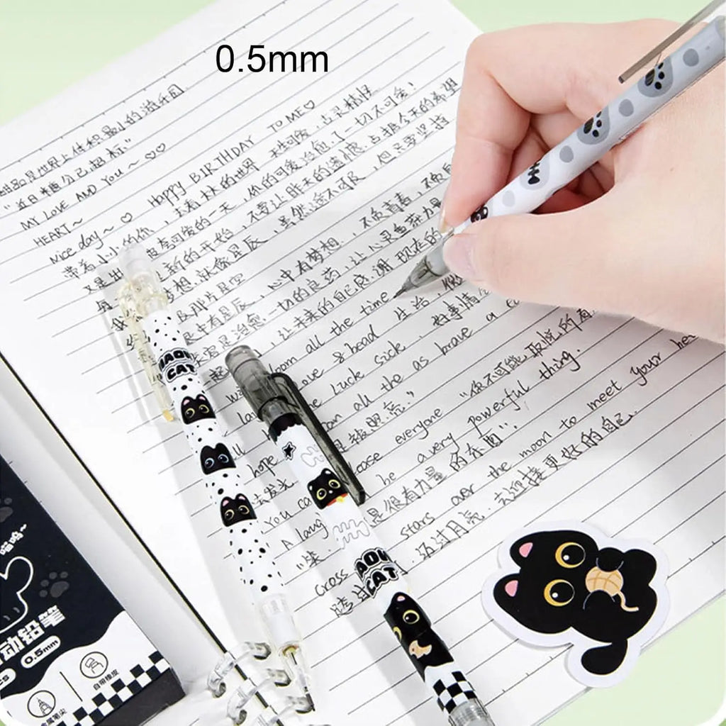 6pc Cute automatic pencil with eraser, 0.5mm lead, featuring a cartoon black cat design, suitable for students, boys, and women. Oasis Select