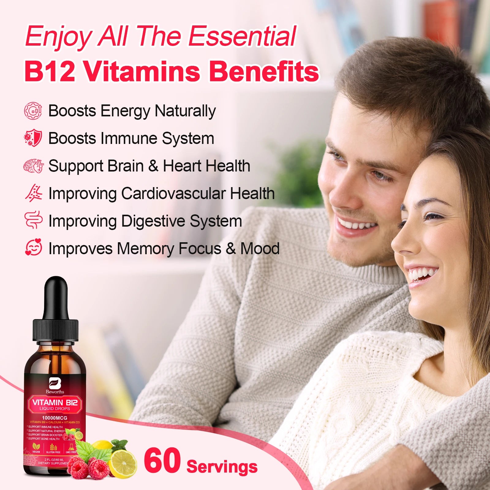 BEWORTHS Vitamin B12 Drops Energy Supplements Support Immune Health Protecting Cardiovascular Health Promote Digestion Oasis Select