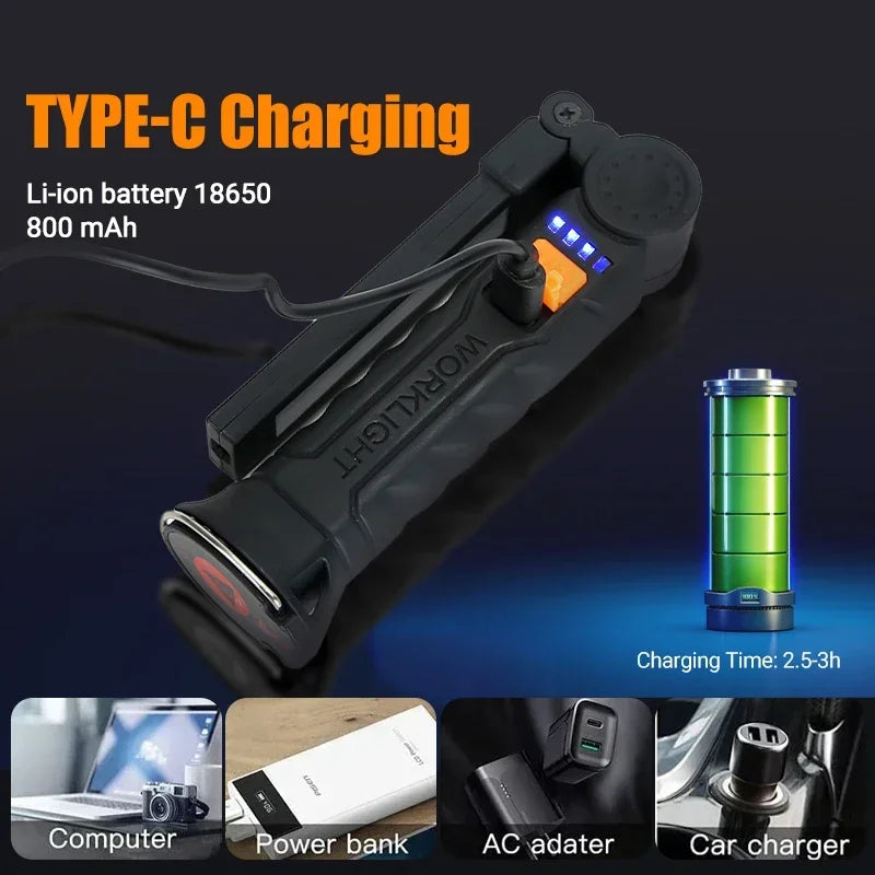 COB LED Work Light Flashlight – USB Rechargeable Magnetic Torch