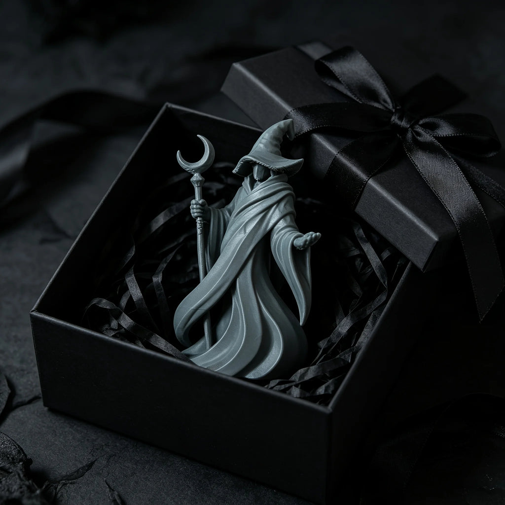 Gothic Faceless Wizard Miniature Figurine 3D Printed Moon Staff Cloaked Mage Statue Home Tabletop Bookshelf Ornament Decor Gifts Oasis Select