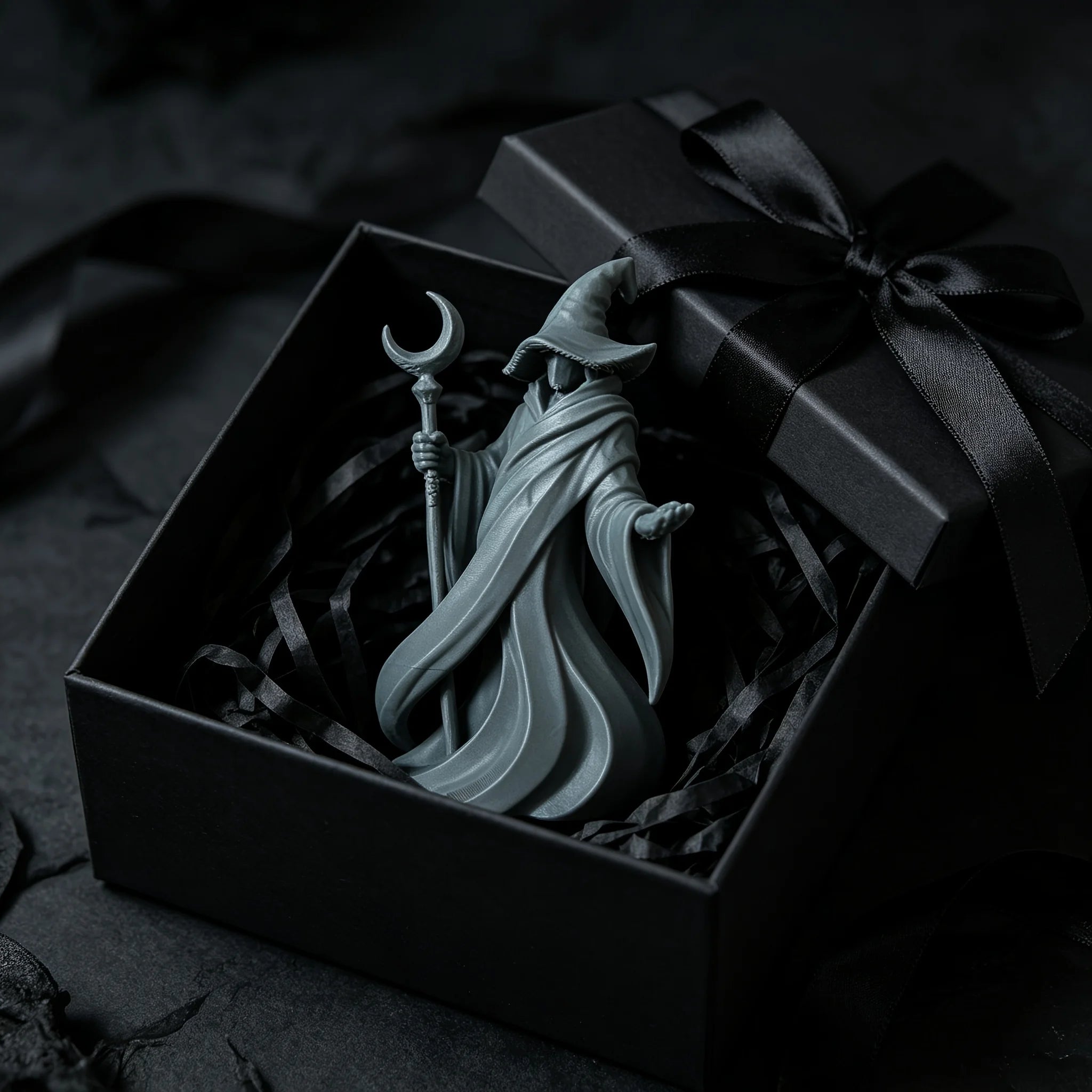 Gothic Faceless Wizard Miniature Figurine 3D Printed Moon Staff Cloaked Mage Statue Home Tabletop Bookshelf Ornament Decor Gifts Oasis Select