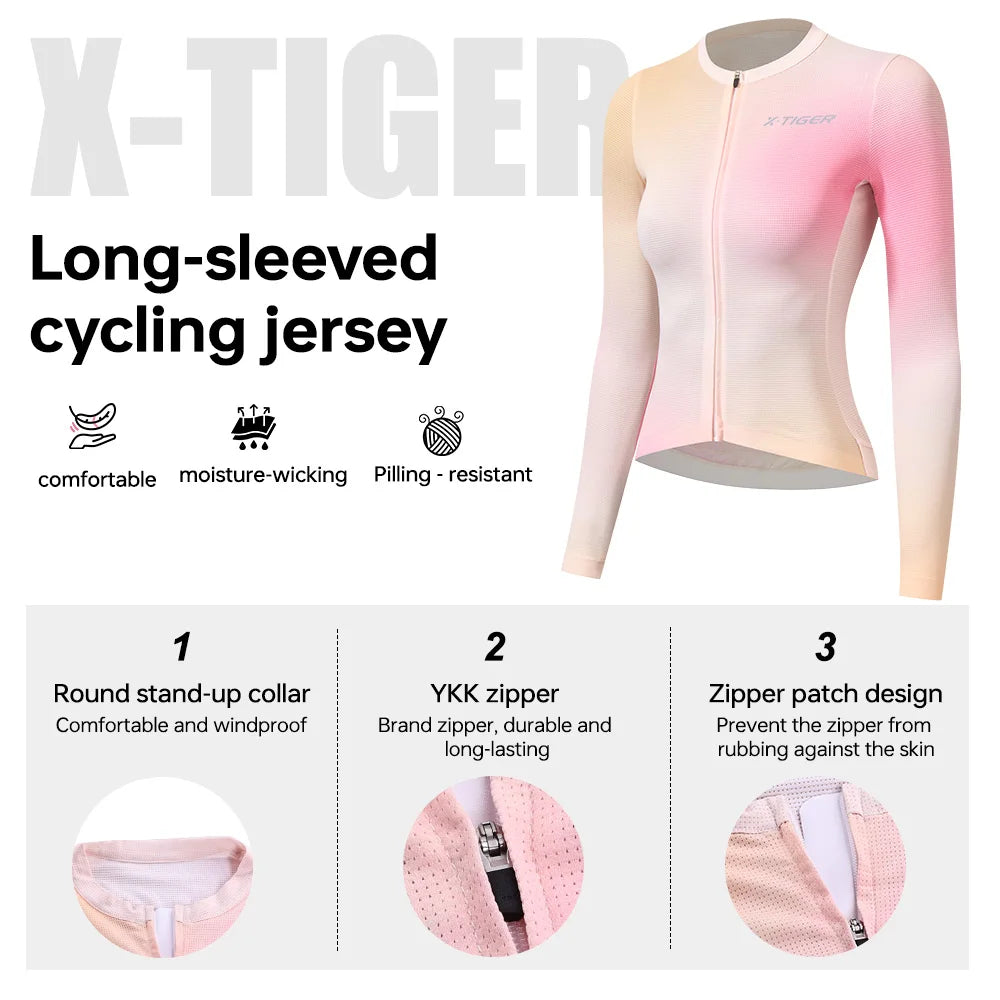 X-TIGER Women's Cycling Jersey Soft Breathable Quick-Drying Long Sleeve Three Pocket Bicycle Clothing SPF 50+ Cycling Top Oasis Select