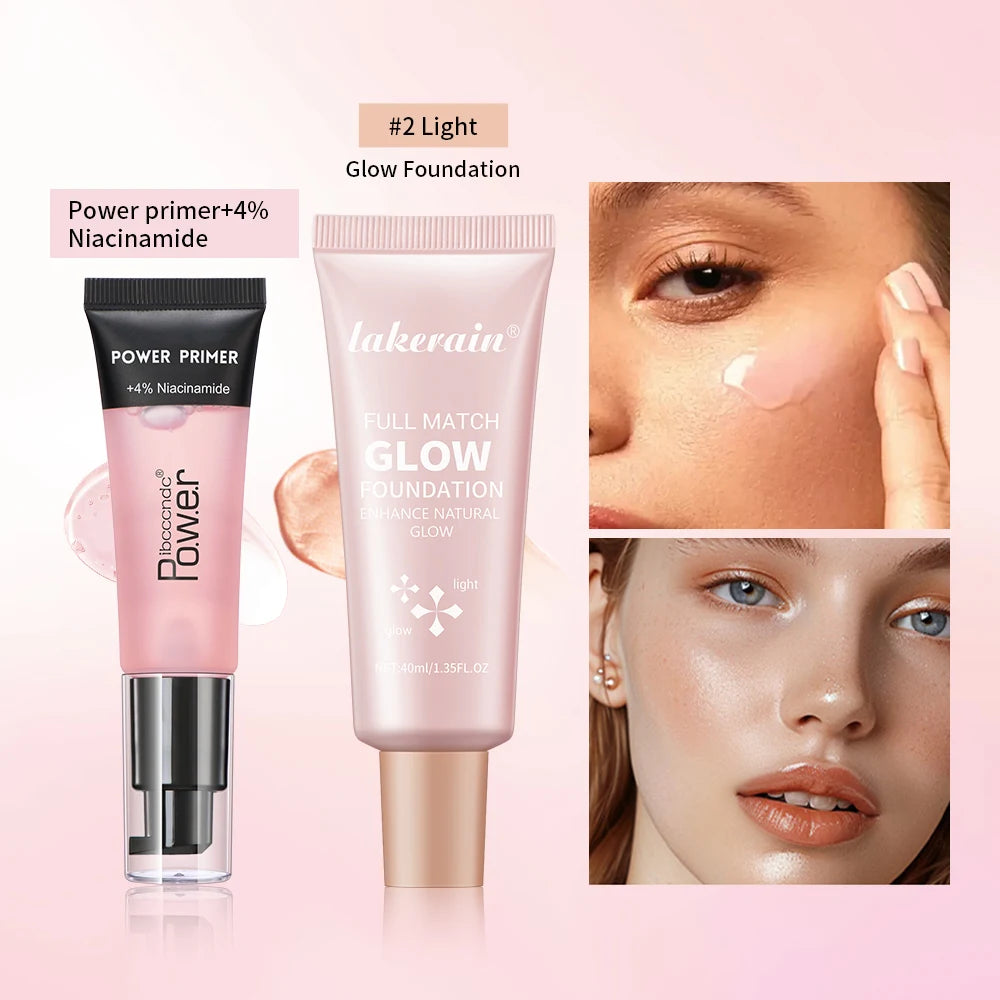 Powder Grip Primer Gel & Glow Foundation Makeup Kit Hydrating Smoothing Skin Lightweight Brighthen Shiny Fase Cosmetics Combo Oasis Select SET 6