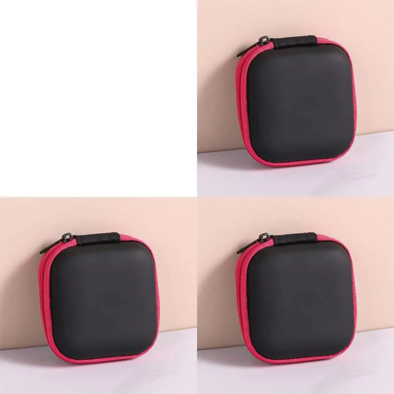 1/2/3pcs Mini Portable Earphone Bag Coin Purse Headphone USB Cable Case Carrying Pouch Bag Earphone Accessory Square Storage Box Oasis Select 3pcs Rose red
