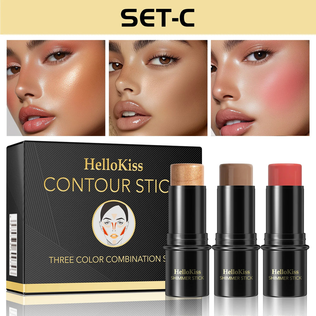 Hello Kiss 4-Piece Cream Contour Kit – Highlight, Blush & Brush