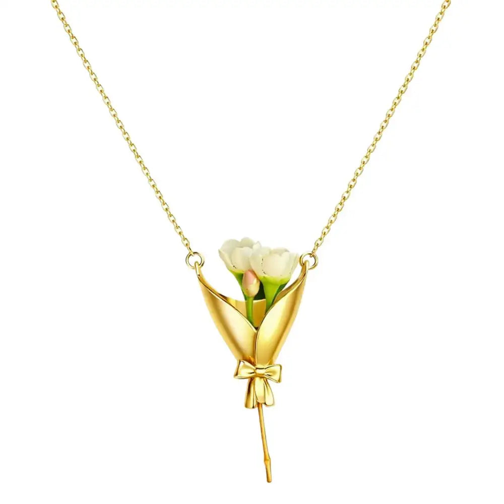 Flower Necklace Romantic Trendy Bouquet Jewelry Copper Cute Floral Necklace Bouquet Necklace Pendant Creative Vase Necklace Oasis Select Gold-color