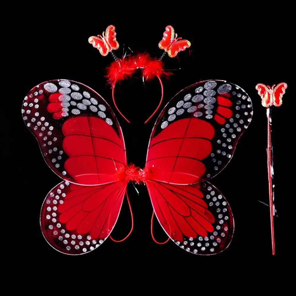 Simulation Butterfly Wings Pointed Tutu Skirt Headband Wand Adult Kids 3/4Pcs Fairy Costume Set Princess Girls Party Gift Oasis Select Red-3 pcs-set