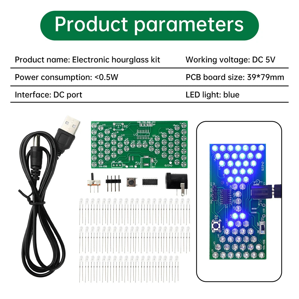 DC5V Electronic Hourglass DIY Kit with LED Light Double-layer PCB Board DIY Soldering Assembly Parts with DC Power Cord Oasis Select