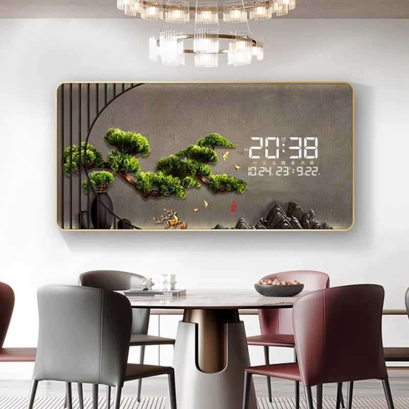 Simple Wind Decorative Painting LED Electronic Clock Living Room Small Fresh New Mural Clock with Calendar Background Light Oasis Select
