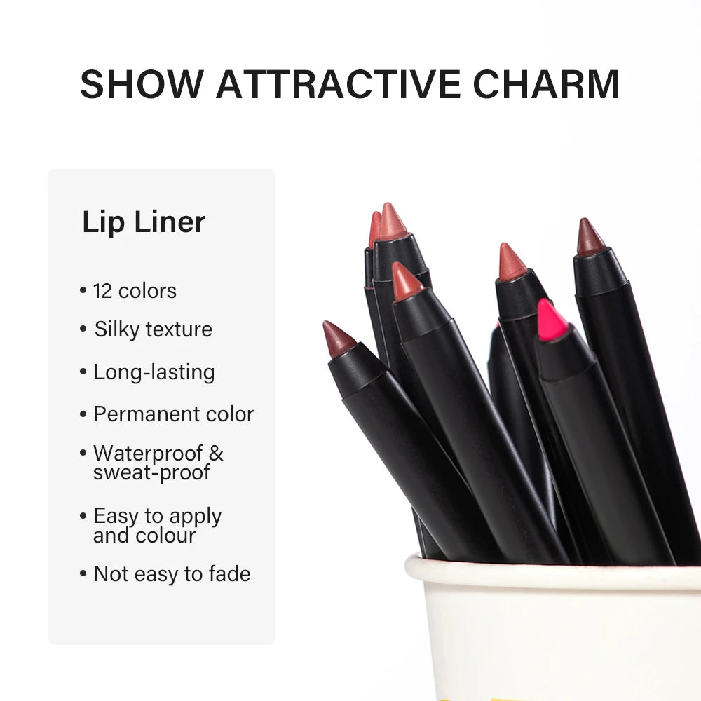 12 Colors Matte Lipliner Pencil Red Contour Tint Lipstick Waterproof Long Lasting Non-stick Cup Moisturising Lips Makeup Oasis Select