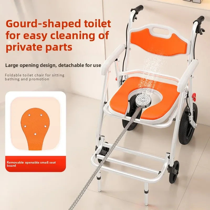 Solid Old Man Toilet Chair Wheeled Disabled Toilet Mobile Toilet Portable Household Care Bath Folding Small Wheelchair Oasis Select