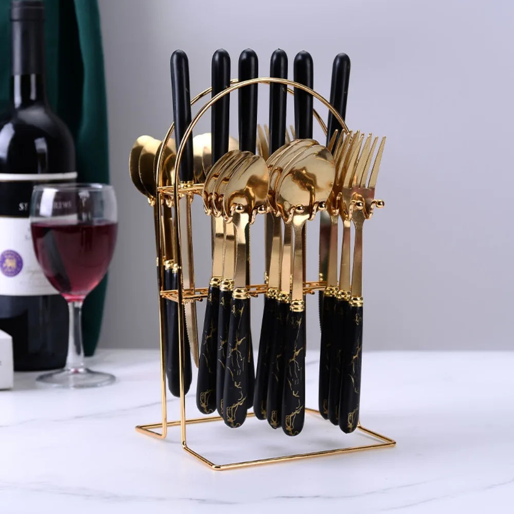 24-Piece Marbled Stainless Steel Cutlery Set with Storage Rack Cutlery Flatware Set Oasis Select Black
