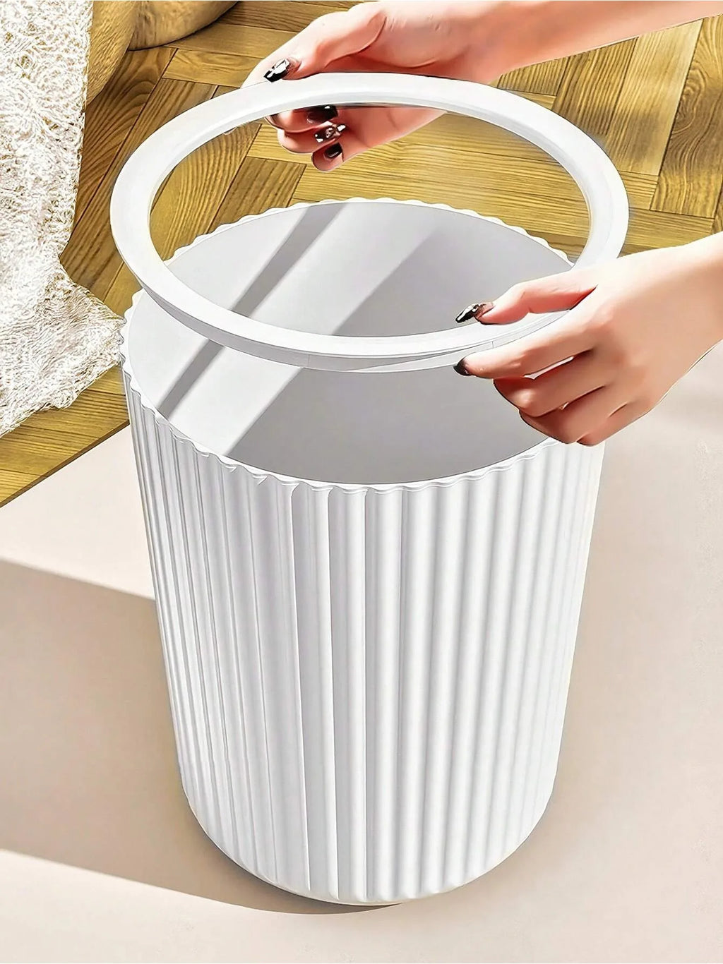 1pc Simple Striped Trash Can, Paper Basket Bin For Bedroom, Living Room, Bathroom, Waste Management Container Oasis Select