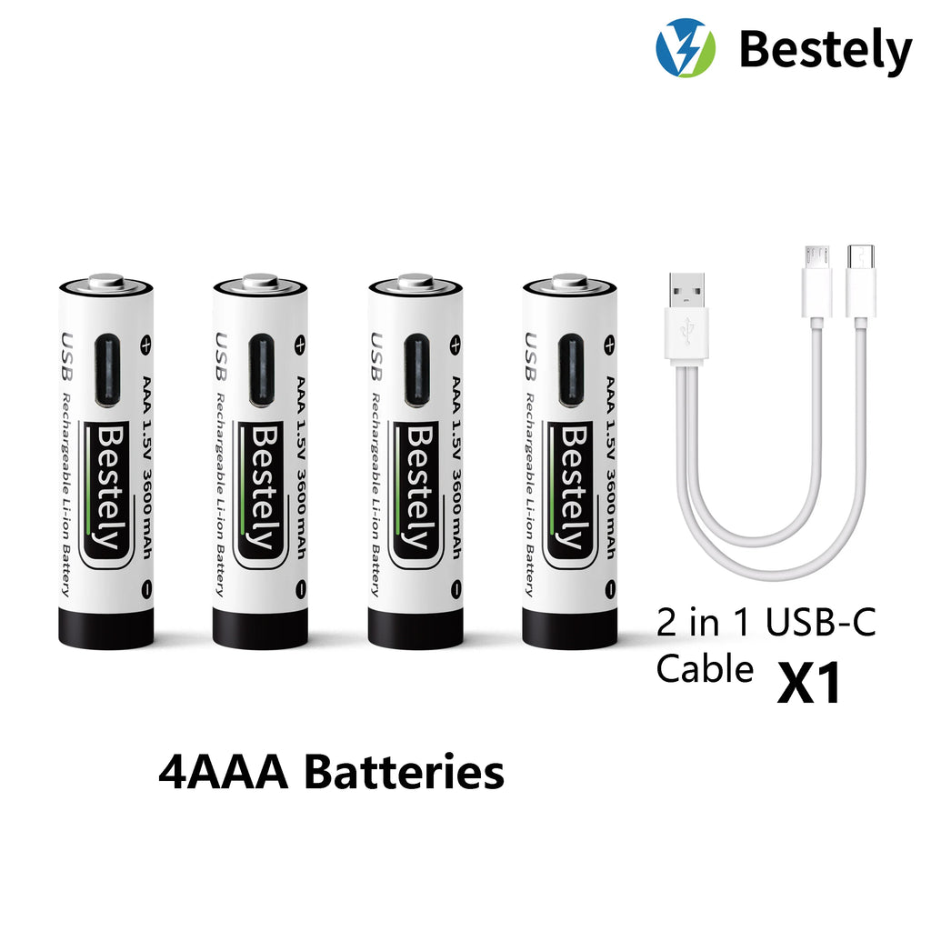 AAA Battery Rechargeable Li-Ion 1.5V 3600mAh 2000 Cycles USB-C Fast Charging Long-Lasting with free USB- C Cable Oasis Select 4 pcs Batteries