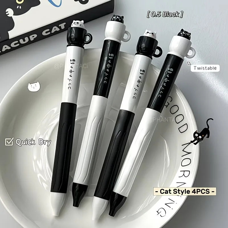 1/4pcs Cute cat-themed ballpoint pen - 0.5mm quick-drying black ink, twist-up design, ideal for office and school supplies. Oasis Select 4pcs black