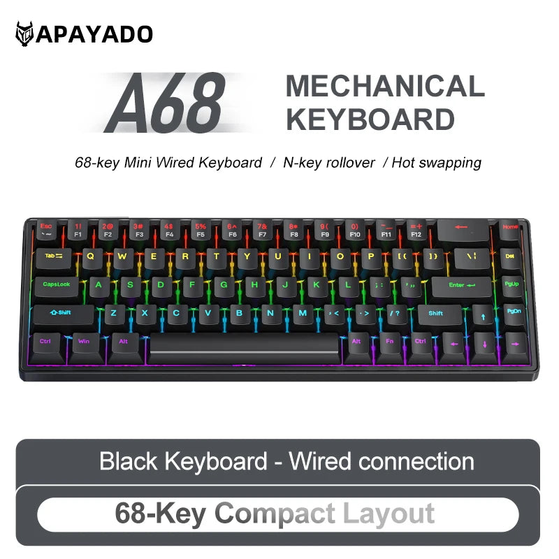 APAYADO A68 Hot-Swappable Mechanical Keyboard, 68-Key Compact, RGB Backlight, Blue/Red Switch Options, NKRO for Gaming Oasis Select Black Red Switch