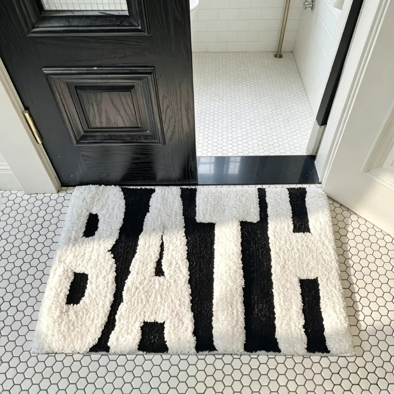 "BATH" Design Non-Slip Bath Mat, Ultra Absorbent Polyester Bathroom Rug, Black and White Textured Entryway Carpet for Bathroom Oasis Select WHITE 400MMx600MM