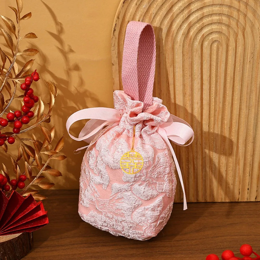 Chinese Style Embossed Flower Drawstring Candy Gift Bag