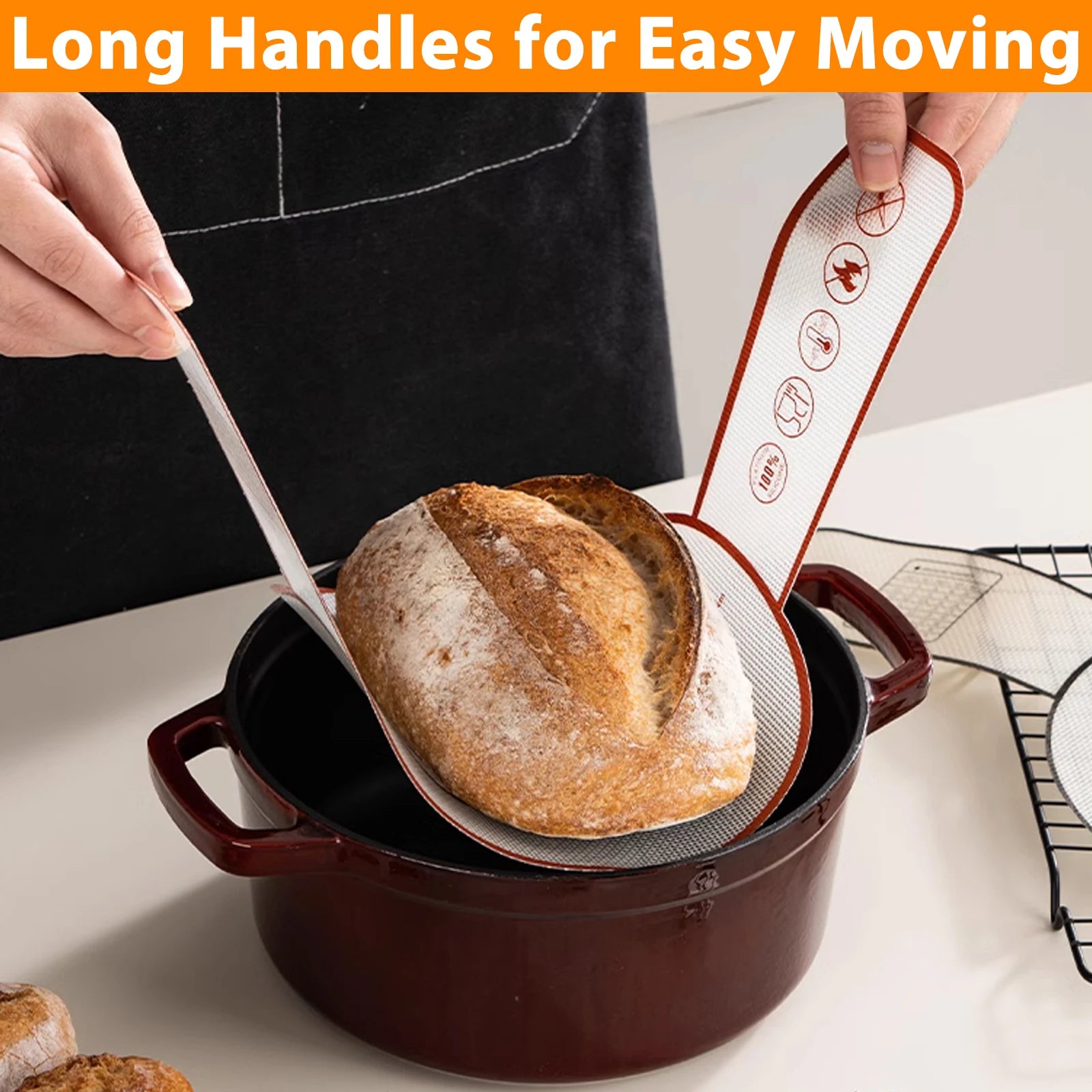 Silicone Bread Sling for Dutch Oven, Reusable Baking Mat with Long Handles, Non-Stick Sheet Liners for Transferable Dough Pastry Oasis Select
