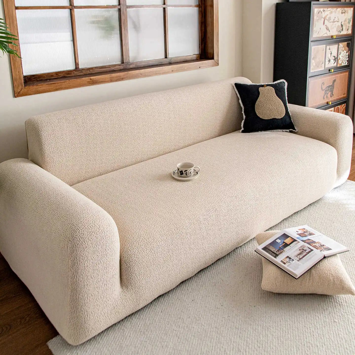 2025 New All-inclusive Sofa Cover Fixed Anti-slip and Anti-cat Scratch Sofa Cover All-season Universal Seat Cushion Oasis Select Off-white 3 people 190-230cm