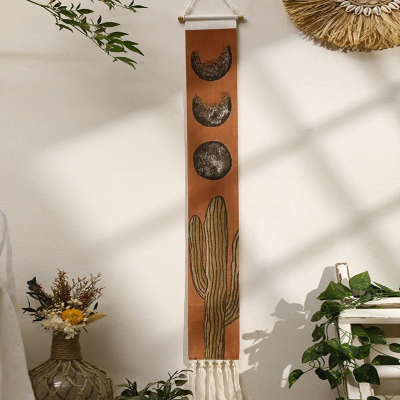 Handwoven Sun and Moon Cactus Tassel Tapestry Simple Studio Bedroom Living Room Background Wall Decoration Wall Decor Oasis Select