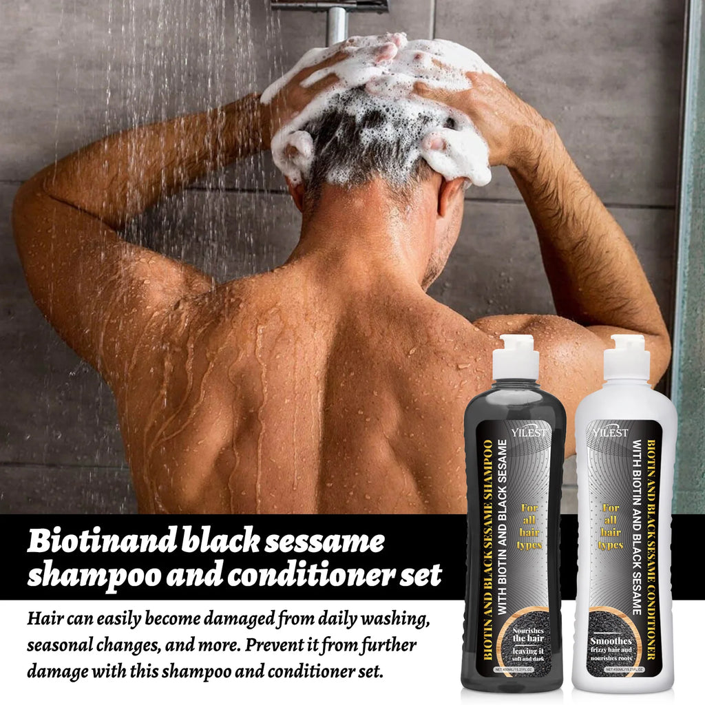 Biotin & Black Sesame Shampoo Conditioner Set Hair Repair Treatment Nourishing & Strengthening 450ml x 2 for All Hair Types Oasis Select