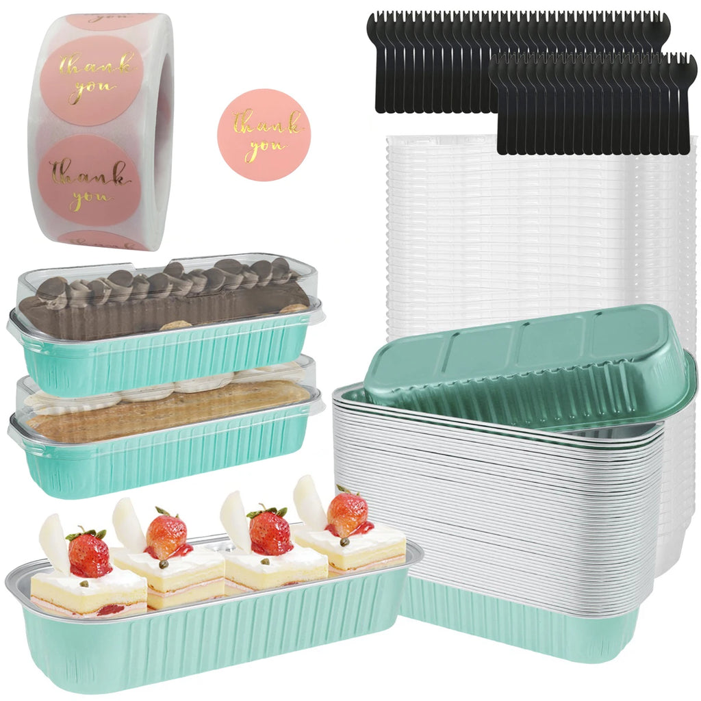 50-Set Mini Aluminum Foil Loaf Pans with Lids & Spoons 6.8oz Aluminum Foil Bakeware Oasis Select Light Green