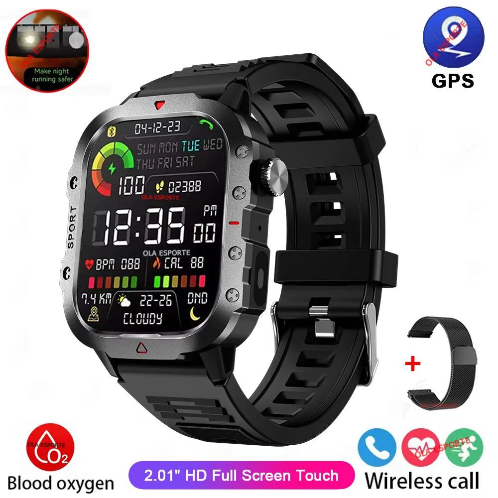 Military Smart Watch LED Flashlight GPS Fitness Tracker 3ATM