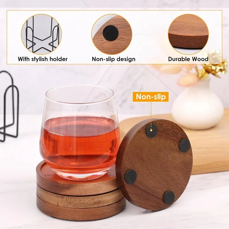 4Pcs/1set Japanese Style Bamboo Wood - Heat-Resistant Coasters - with 1 Iron Stand - Solid Wood Round Tea Cup Coasters Oasis Select