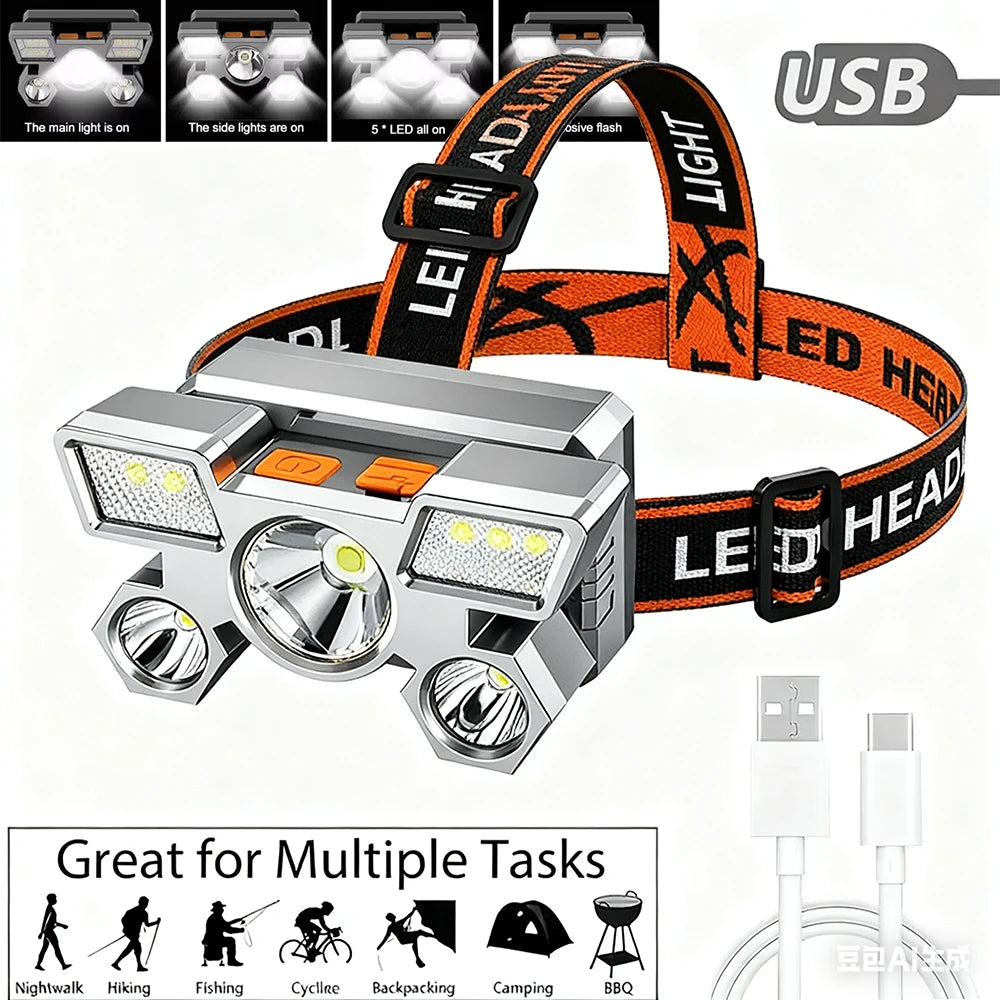 Ultra-bright Rechargeable Headlamp Portable 5 LED Headlight Head Torch Waterproof Working Light Outdoor Camping Fishing Cycling Oasis Select