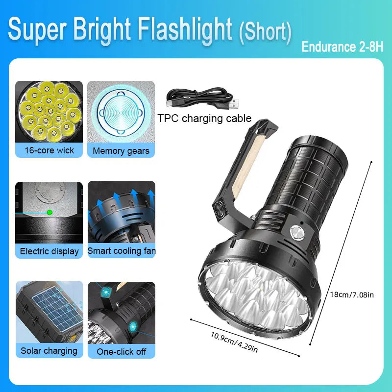 Super Bright Portable Lanterns Rechargeable Torchlight 58000 Lumens Waterproof Adventures Spotlight Flashlight Long Beam 1617M Oasis Select W5221-1(Short) black