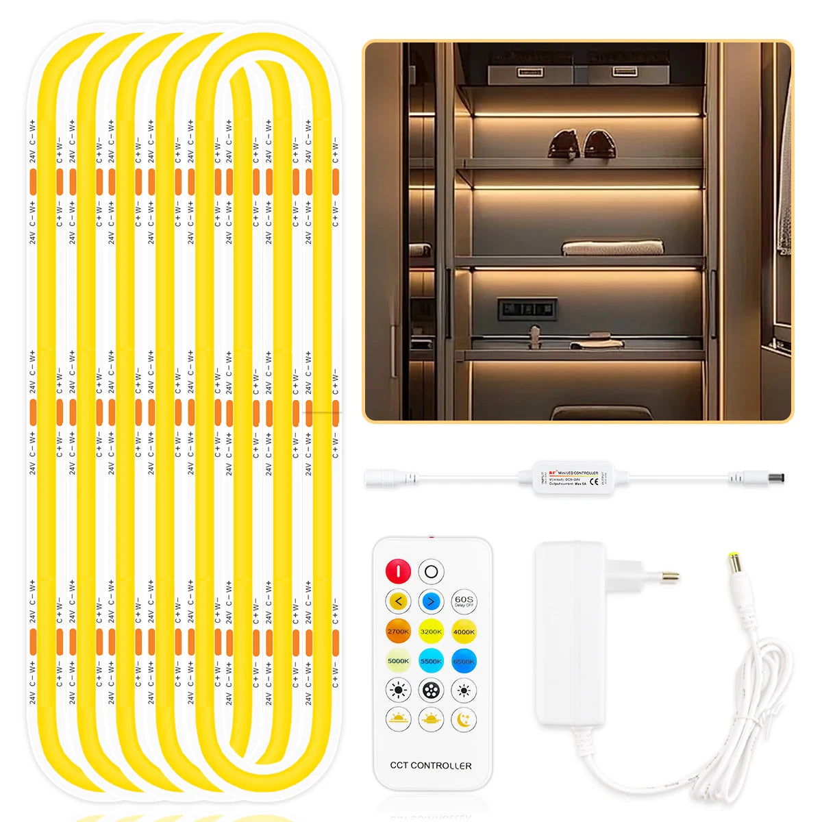 24V CCT COB LED Strip Cabinet Light with Wireless Remote Control Dimmable,High Color Rendering,No Flicker,2700K To 6500K Change Oasis Select