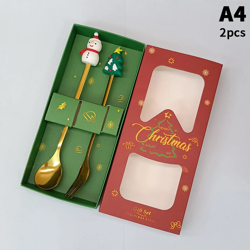 Stainless Steel Christmas Dessert Spoons Cake Forks Cartoon Tree Elk
