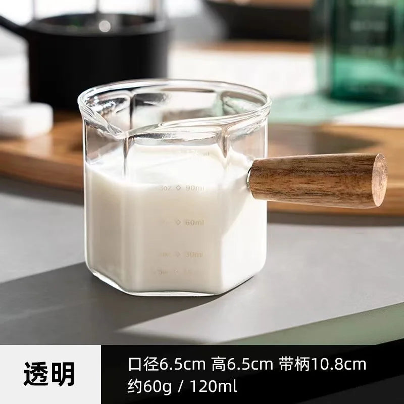 120ml Hexagon Wood Handle Glass Espresso Measuring Cup Milk Latte Jug Coffee Supplies Kitchen Mug Drinkware Double Bottom Oasis Select Clear single 120ml