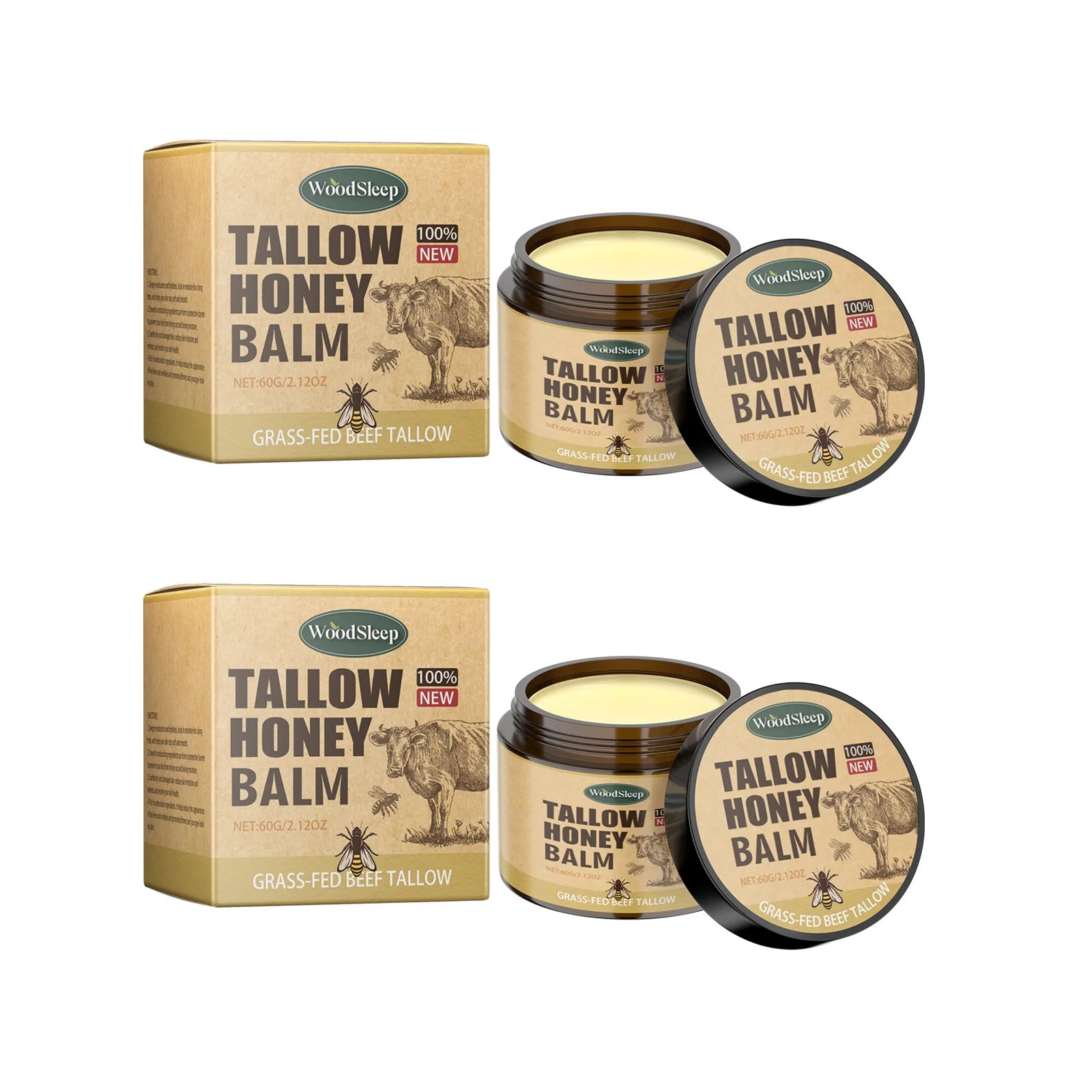 Beef Tallow Honey Balm Moisturizing Hydrating Face Cream Body Lotion Fades Fine Lines Tighten Soothen Brightening Facial Skin Oasis Select 2 x 60g Boxed