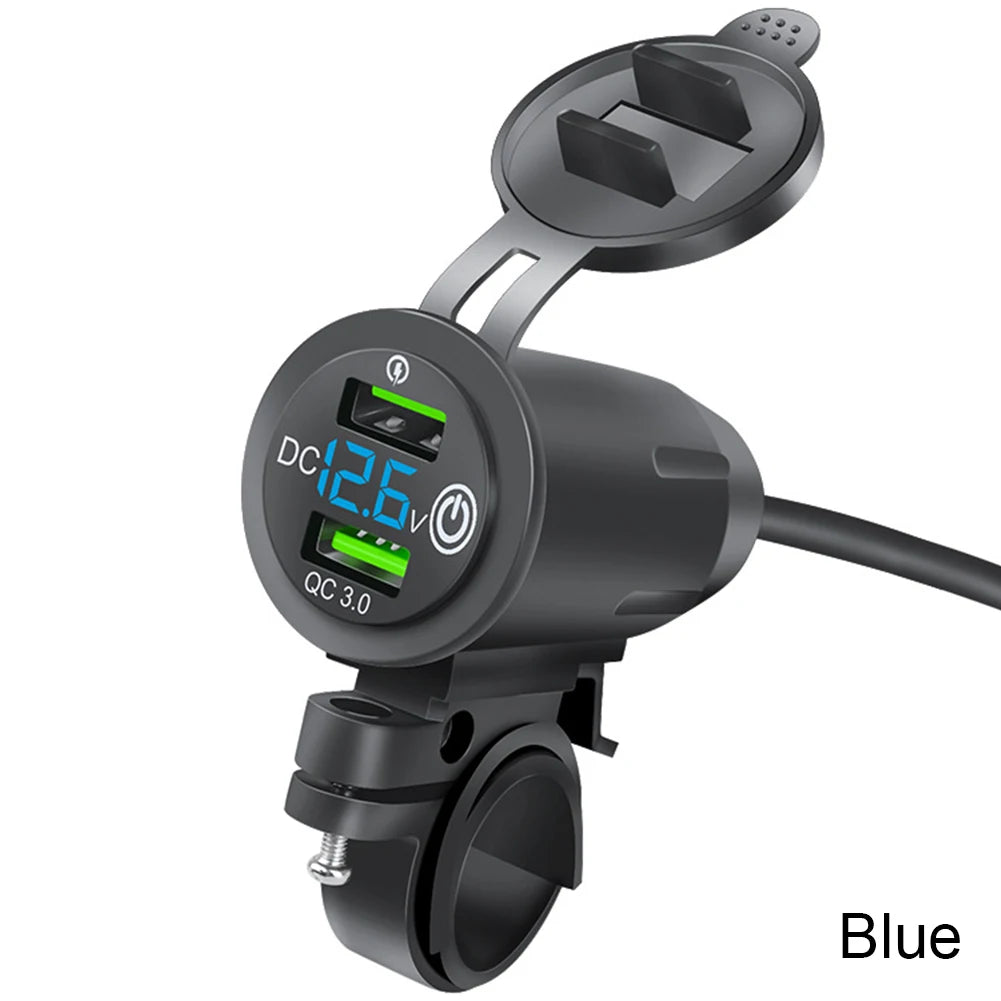 Dual QC 3.0 Waterproof Motorcycle USB Charger with Voltmeter