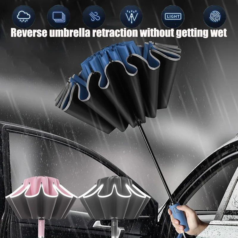 Umbrella Windproof Strong With Reflective Stripe Reverse Automatic Fold Umbrella UV Umbrella Insulation Portable Parasol Big Oasis Select