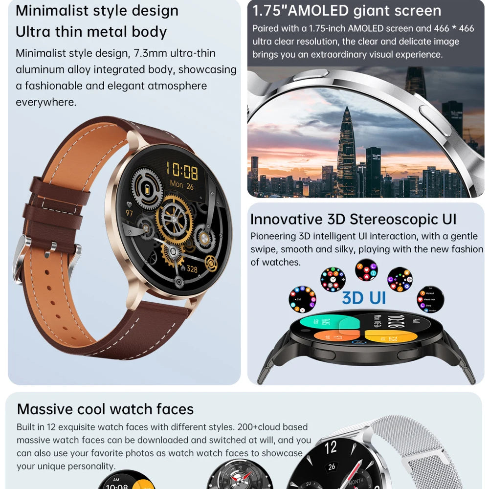 BT Call Smartwatch 1.75 Inch AMOLED Screen 6.9mm Ultra Thin Body Smart Watches Women Heartrate 3D Dynamic Dial Sports Lady Music Oasis Select