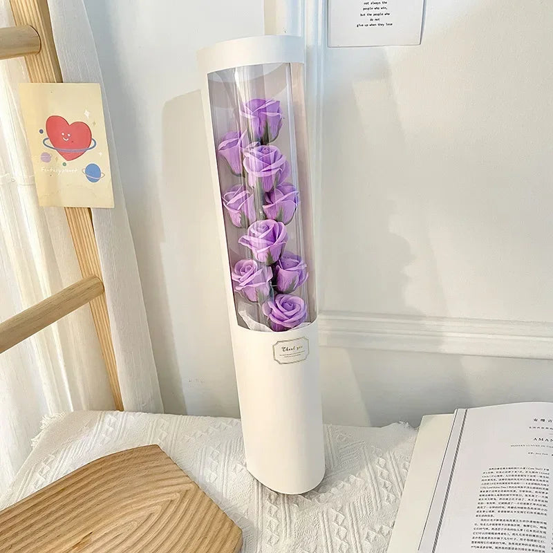 PVC Soap Rose Bouquet Mothers Day Romantic Anniversary New Year Festive Artificial Floral Gift Arrangement for Mom Oasis Select Purple Flower Box