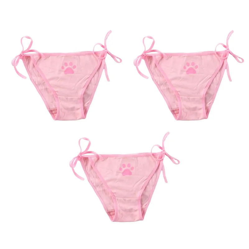 1/2/3/4pcs Women Sexy Sweet Cat Claw Briefs Low Waist Bowknot Bandage Lingerie Strings Strap Underwear Ladies Breathable Panties Oasis Select 3pcs pink One Size as show