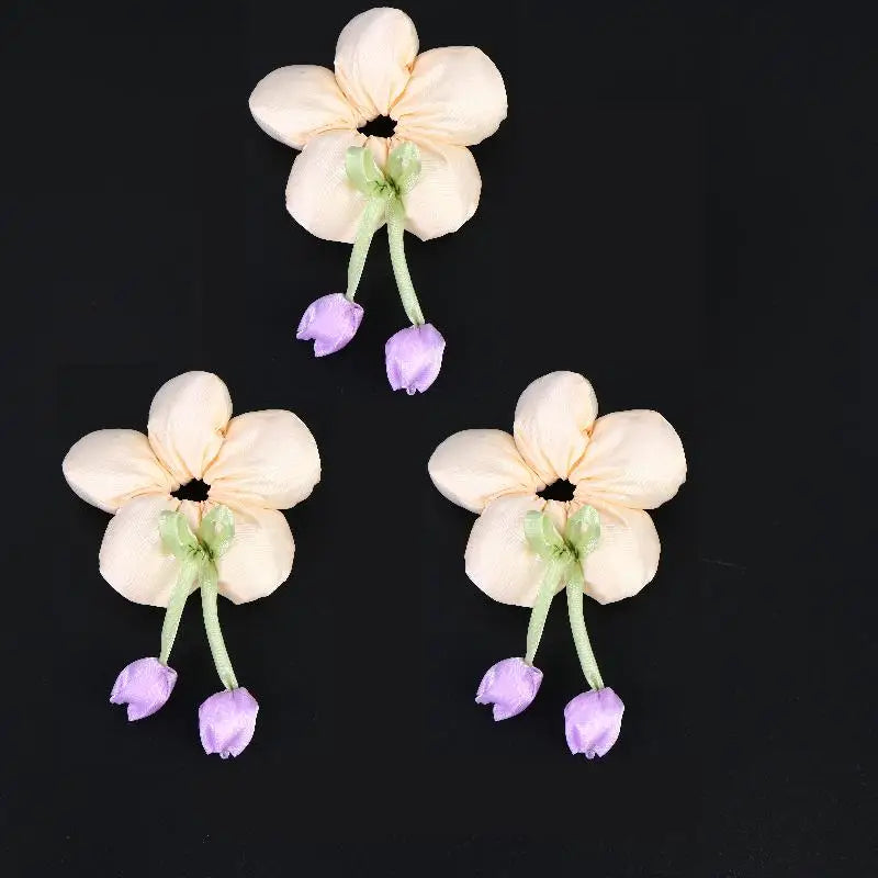 Cute Candy Color Flower Hair Tie Scrunchie Soft Fabric Elastic Ponytail Holder Lovely Hair Accessories For Girls Women Gift Oasis Select 3PCS Beige