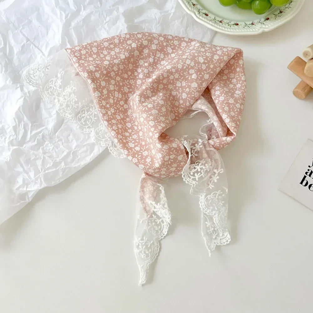 New French Style Triangle Scarf Small Flowers Fabric Turban Bandana Hair Accessories Lace Hair Bands for Spring Summer Oasis Select E
