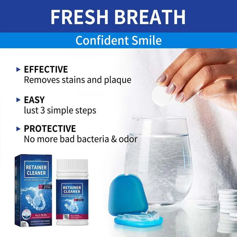 Denture Cleansing Tablet 100 Tablets Cleanser Pills Whitening Remove Bad Odors Oral Cleaning Care Fresh Breath Cleaning Stains Oasis Select