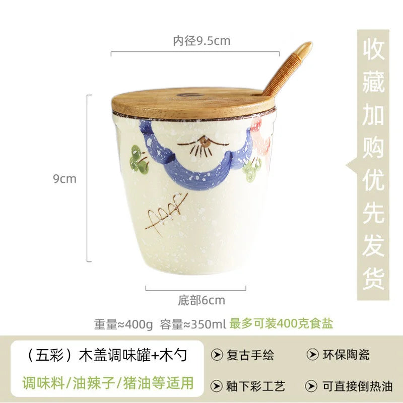 Ceramic Retro Seasoning Pot Hand-painted Salt Pot Oil Tank Pepper Pot for Kitchen Oasis Select 350ml wooden spoon 3