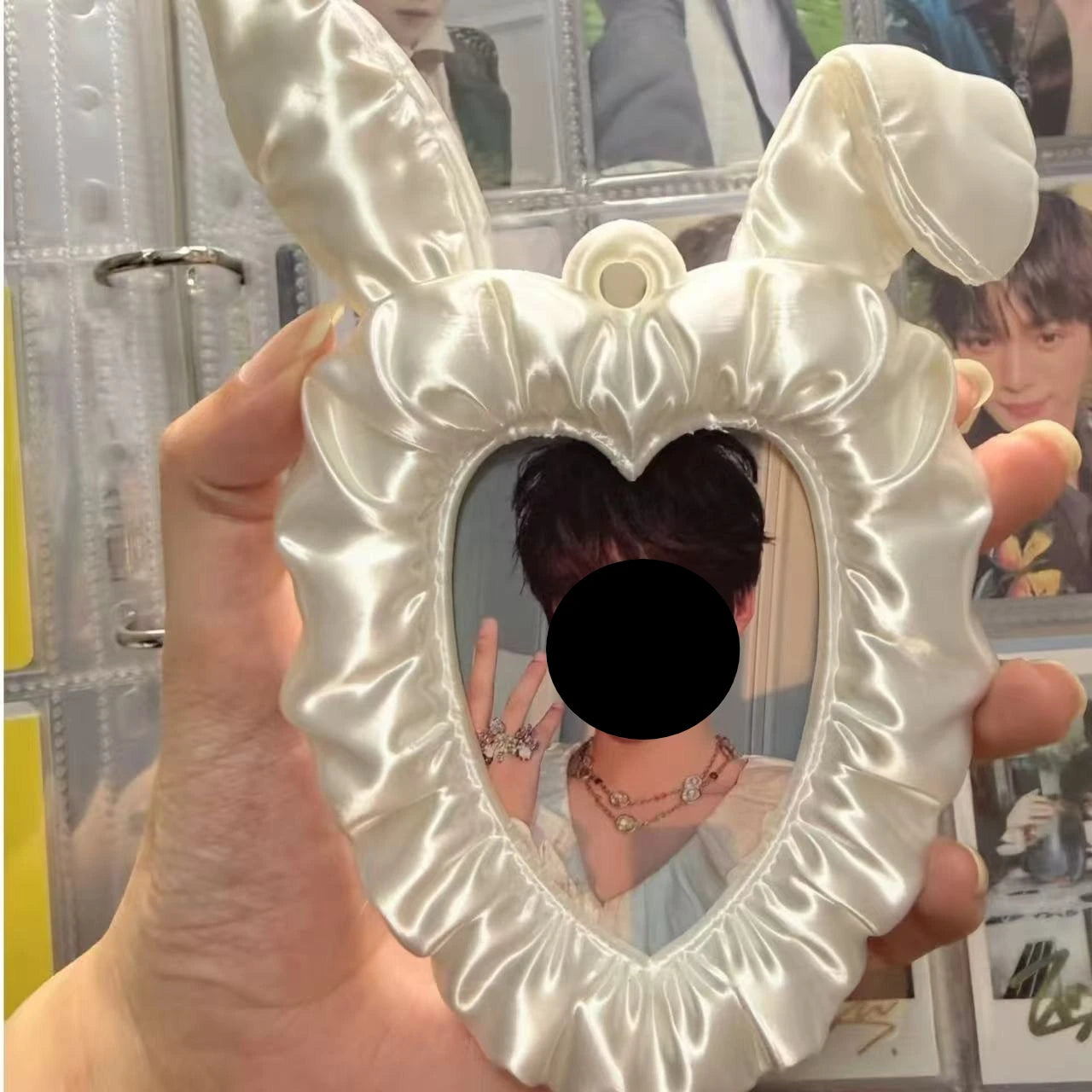 Cute Rabbit Ear Heart-shaped Photo Booth Silk Satin Idol Photo Frame PLA Material Style Card Holder Keychain Photo Display Frame Oasis Select WHITE